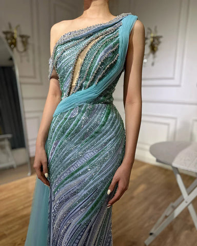Vestido de noche azul de sirena con un solo hombro y abertura alta, estilo árabe, con cuentas, de lujo, para ocasiones formales (LA72718) 