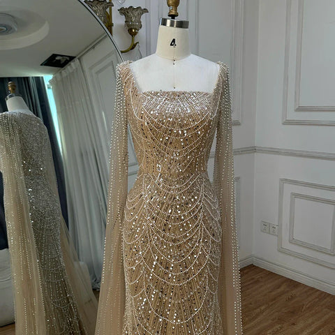 Robe de soirée sirène turquoise saoudienne 2025, avec manches cape perlées et perles, pour une occasion formelle, LA72590A 