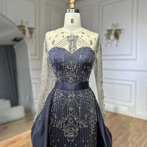 Vestidos de noche de lujo azules con cuentas, de manga larga y sobrefalda LA72757