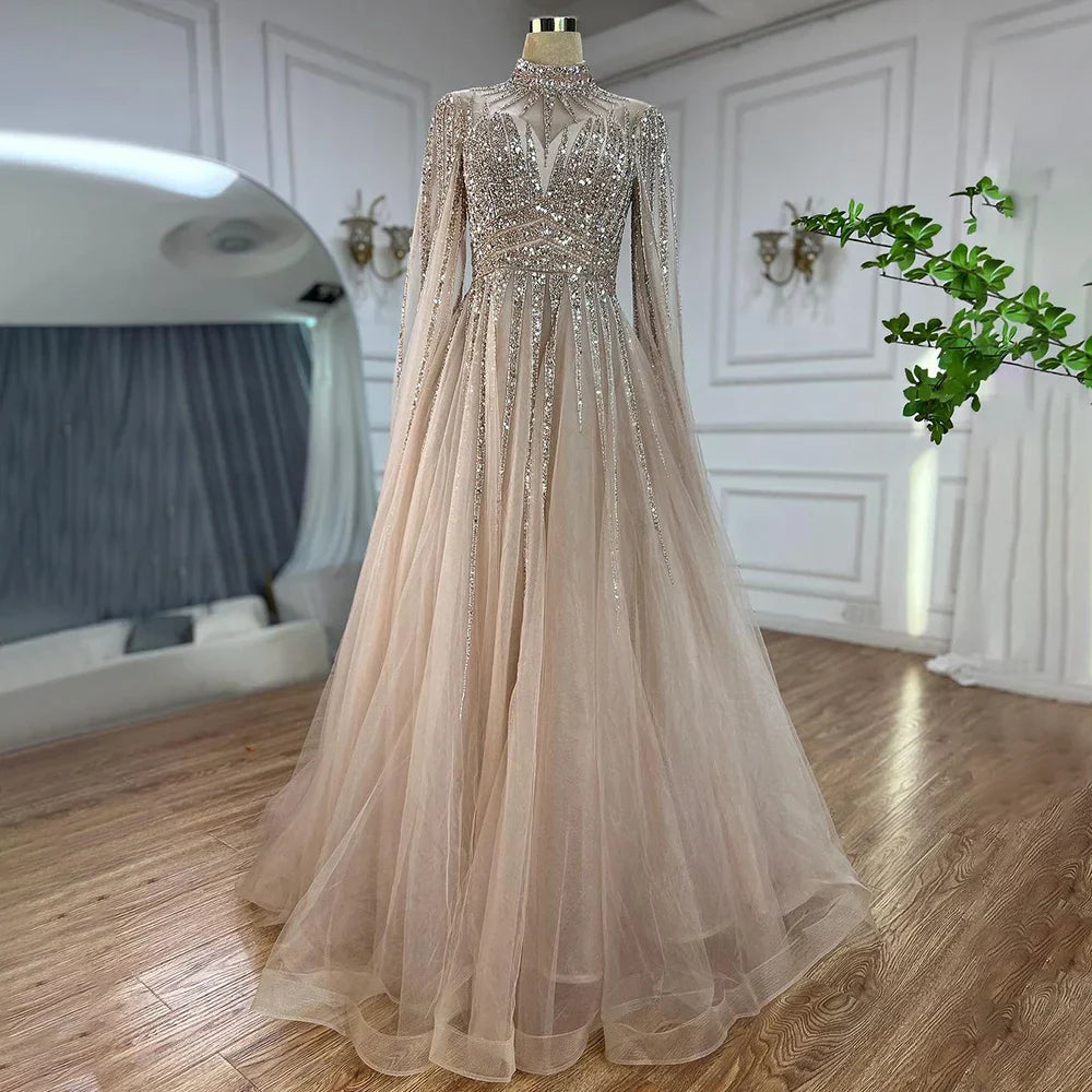 Robe de soirée arabe turquoise, coupe trapèze, perles, Dubaï, manches cape, pour femme, tenue de mariage, 2025, LA72199 