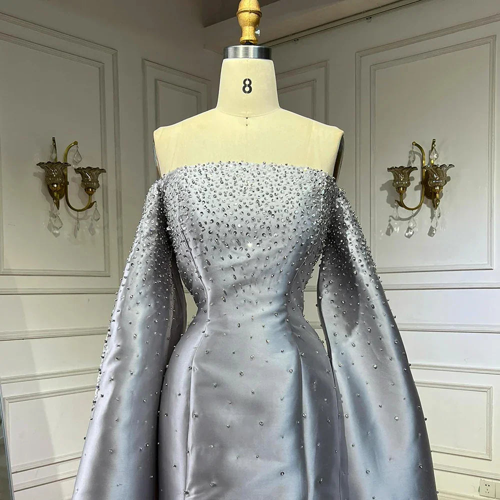 Vestido de noche de lujo 2025, corte A, satén gris, con hombros descubiertos y perlas, ideal para ocasiones formales (LA72779) 