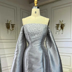 Vestido de noche de lujo 2025, corte A, satén gris, con hombros descubiertos y perlas, ideal para ocasiones formales (LA72779) 