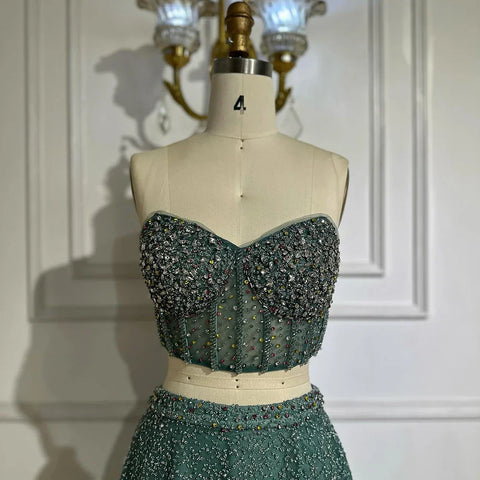 Customize 2025 Saudi Turquoise Strapless Two-Piece Evening Dress with High Split for Formal Occasion LA72786