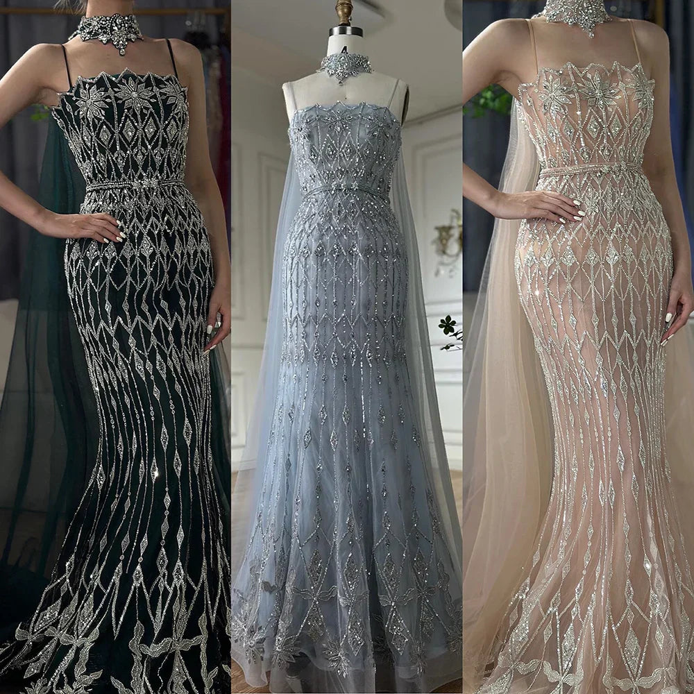 Vestido de noche de sirena con tirantes finos y cuentas color nude, con capa larga para ocasiones formales LA72711 