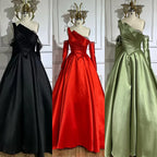 Vestido de noche negro de satén con un solo hombro, corte en A, con cuentas y mangas cortas, modelo LA72741, para mujer. 
