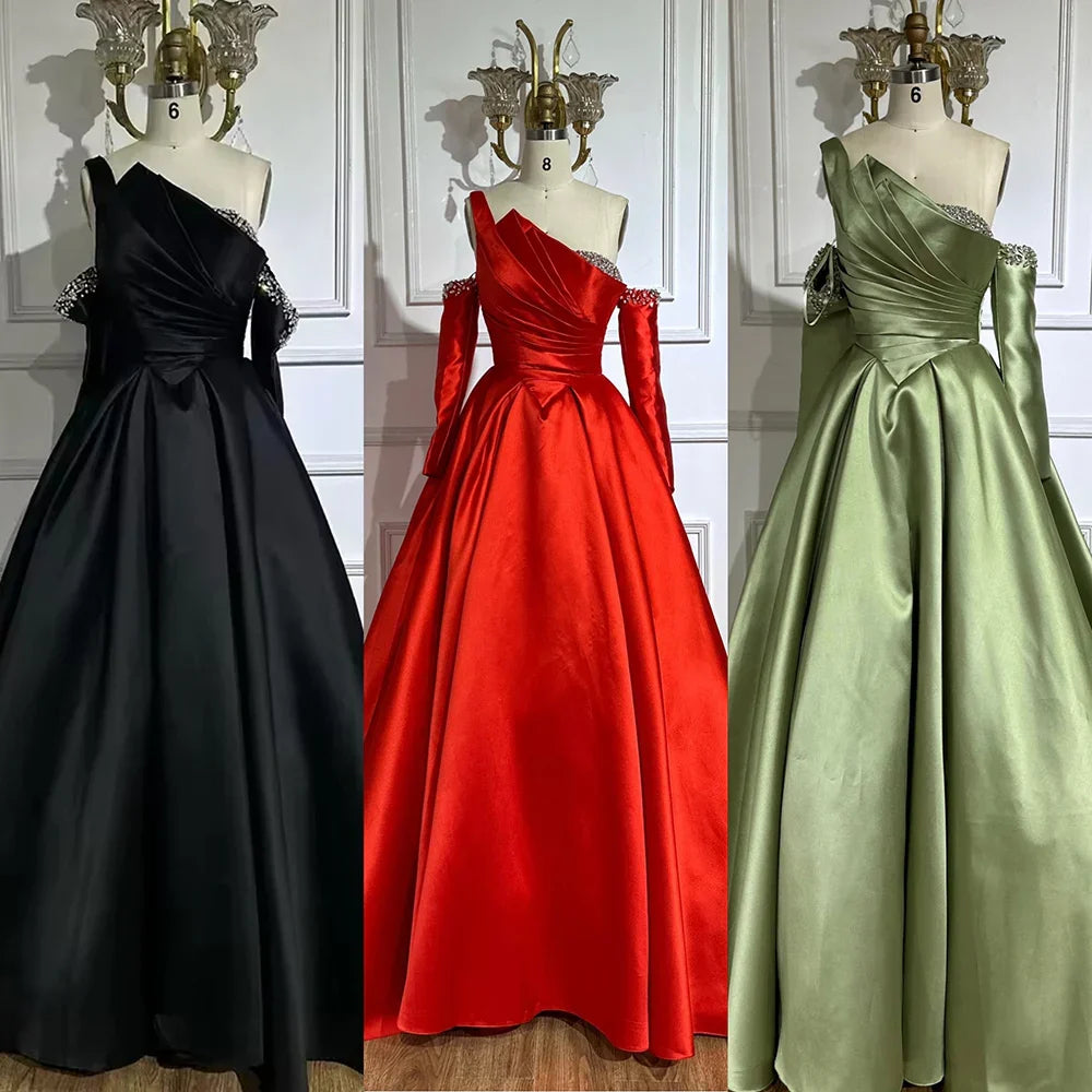 Vestido de noche negro de satén con un solo hombro, corte en A, con cuentas y mangas cortas, modelo LA72741, para mujer. 
