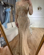 Vestidos de noche de lujo con cuentas para mujer, estilo sirena elegante con abertura, color verde, para bodas en Dubái, Arabia Saudita (LA72518) 
