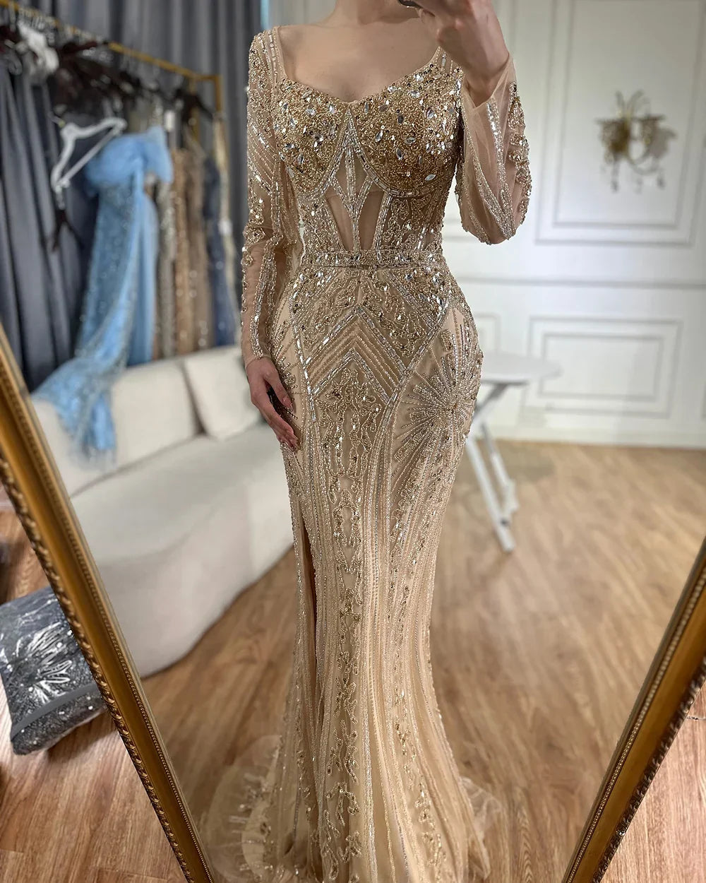 Vestidos de noche de lujo con cuentas para mujer, estilo sirena elegante con abertura, color verde, para bodas en Dubái, Arabia Saudita (LA72518) 