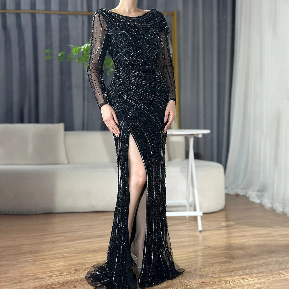 Silver Nude Mermaid Elegant High Spli Evening Dresses Gowns Luxury Beaded 2025 For Women Party LA70752L