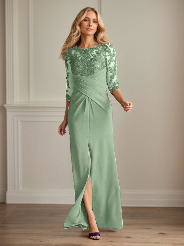 Vestido de madrina de la novia color ciruela, de encaje elástico y corte sirena. 