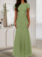 Robe sirène bleu marine foncé à sequins et tulle, décolleté rond, robe en tulle bleu marine foncé