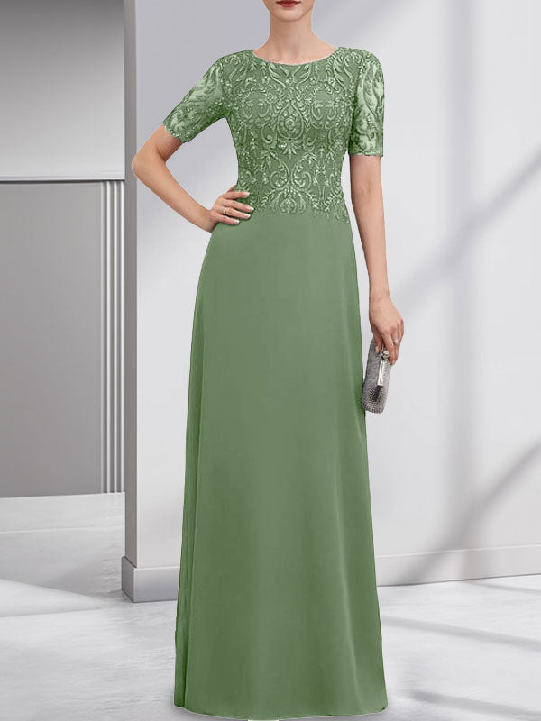 Vestido de novia de corte línea A, escote redondo, largo hasta el suelo, de encaje y gasa con lentejuelas.