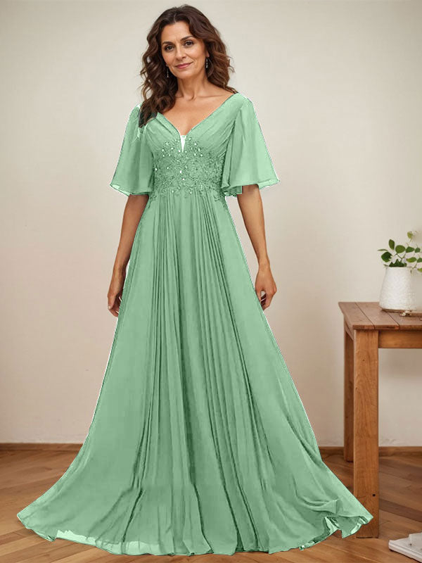 Vestido de corte A, escote en V, largo hasta el suelo, de gasa, para la madre de la novia, con apliques de lentejuelas y encaje plisado. 