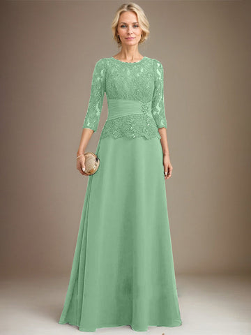A-line Scoop Illusion Floor-Length Chiffon Lace Mother of the Bride Dress With Pleated Sequins Beading