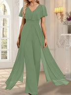 Combinaison-pantalon robe de soirée longue en mousseline à col en V