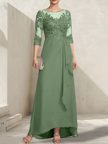 A-line Scoop Illusion Asymmetrical Lace Chiffon Mother of the Bride Dress With Sequins Cascading Ruffles