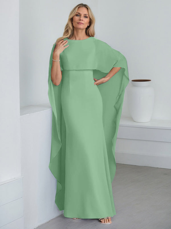 Robe fourreau longue en mousseline de soie pour la mère de la mariée, ornée de volants cascade, avec décolleté arrondi. 