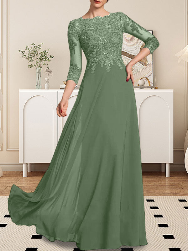 Vestido de novia de corte línea A, escote redondo, largo hasta el suelo, de encaje y gasa con lentejuelas.