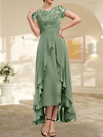 A-line Scoop Illusion Asymmetrical Chiffon Lace Mother of the Bride Dress With Bow Ruffle Sequins