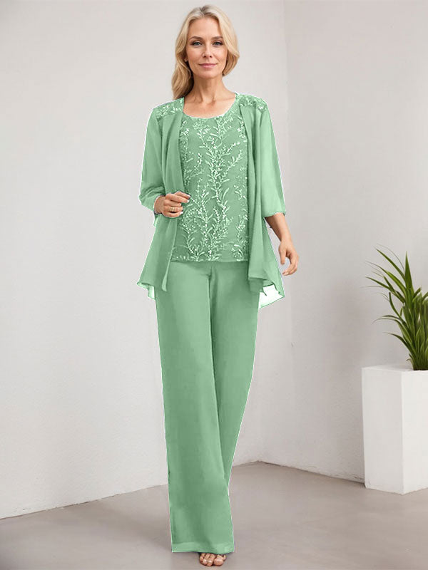 Vestido de novia de gasa con encaje y lentejuelas, estilo mono/pantalón, largo hasta el suelo, con escote redondo.