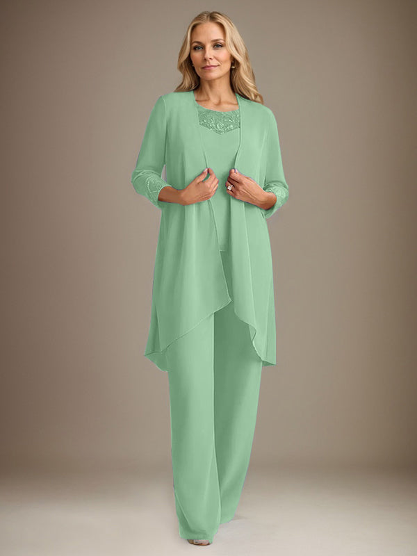 Traje pantalón de gasa con escote redondo y mangas largas para la madre de la novia, con chaqueta. 