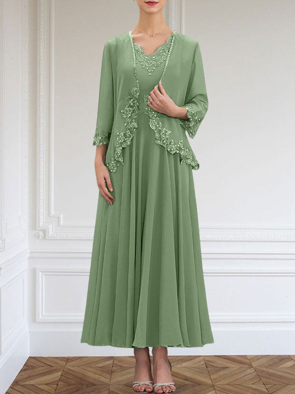 Vestido de corte A, escote en V, largo hasta el tobillo, de gasa, para la madre de la novia, con apliques de lentejuelas, encaje y pedrería.