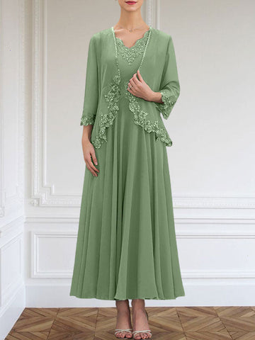 A-line V-Neck Ankle-Length Chiffon Mother of the Bride Dress With Sequins Appliques Lace Beading