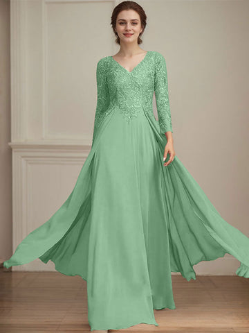A-line V-Neck Floor-Length Lace Chiffon Mother of the Bride Dress With Sequins