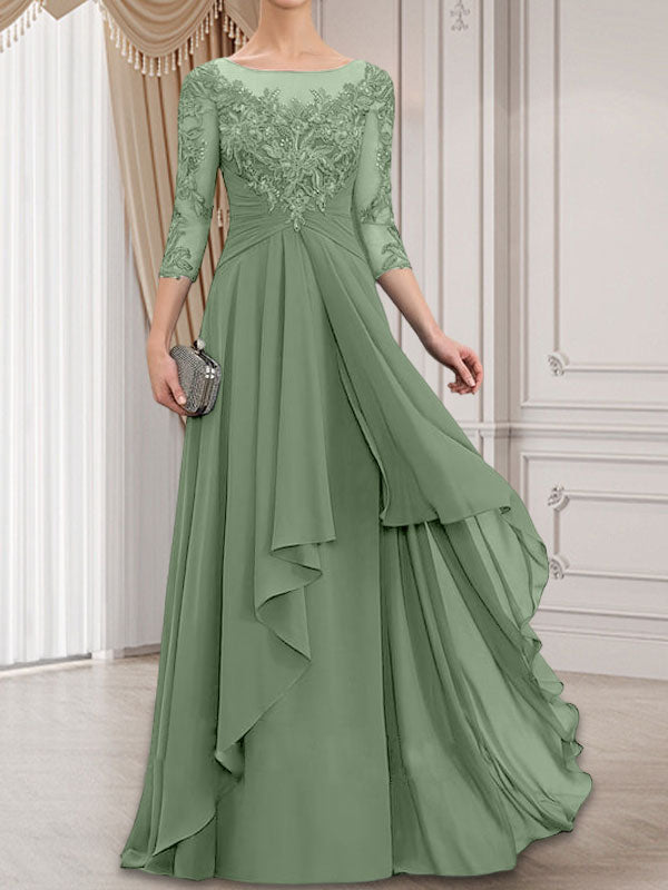 Robe de mariée en mousseline de dentelle, coupe trapèze, décolleté illusion, longueur au sol, avec volants cascade, idéale pour la mère de la mariée.