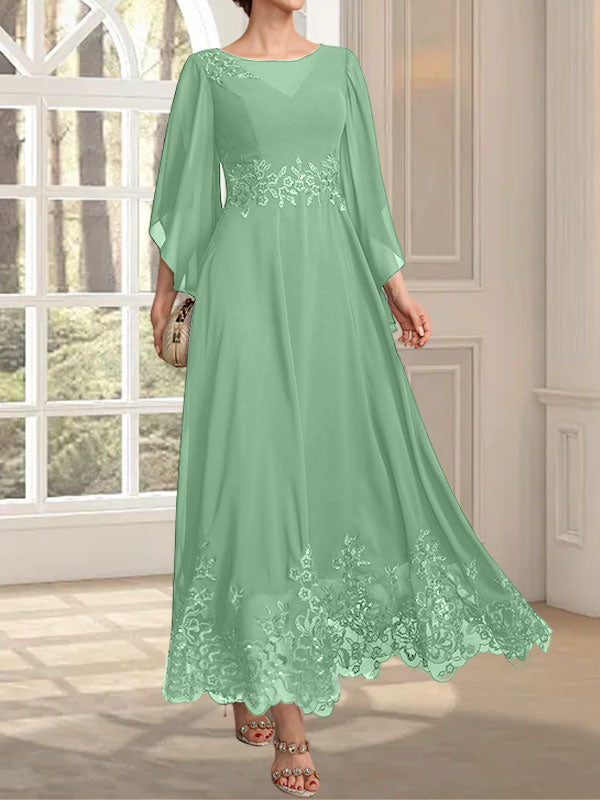Robe de mère de la mariée en mousseline de dentelle, coupe trapèze, décolleté illusion, longueur cheville, ornée de sequins 