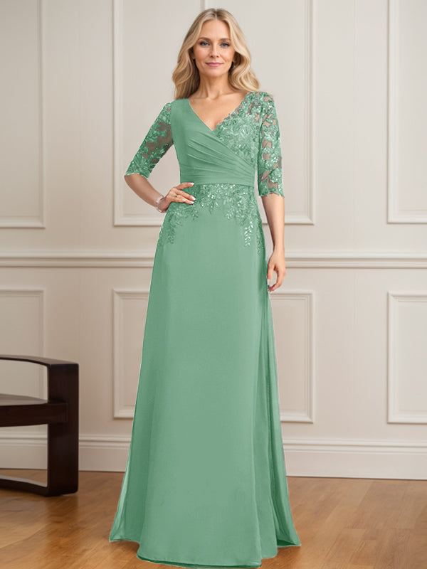 Vestido de novia de corte A, escote en V, largo hasta el suelo, de gasa de encaje con lentejuelas plisadas. 