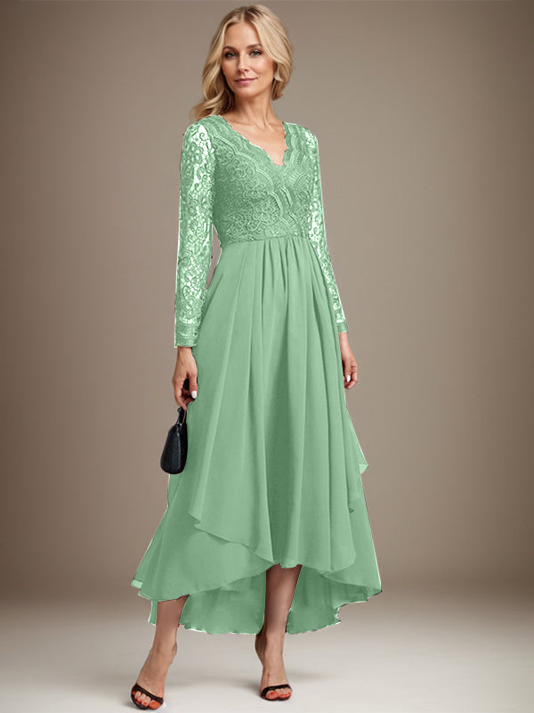 Vestido de novia de gasa con encaje asimétrico, escote en V y corte en A para la madre de la novia 