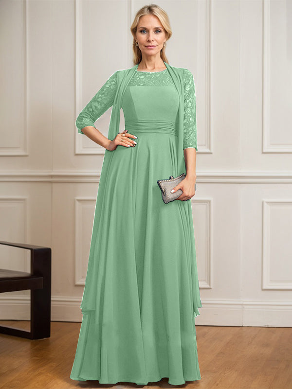 Vestido de novia de corte A, escote redondo ilusión, largo hasta el suelo, de gasa de encaje con pliegues. 