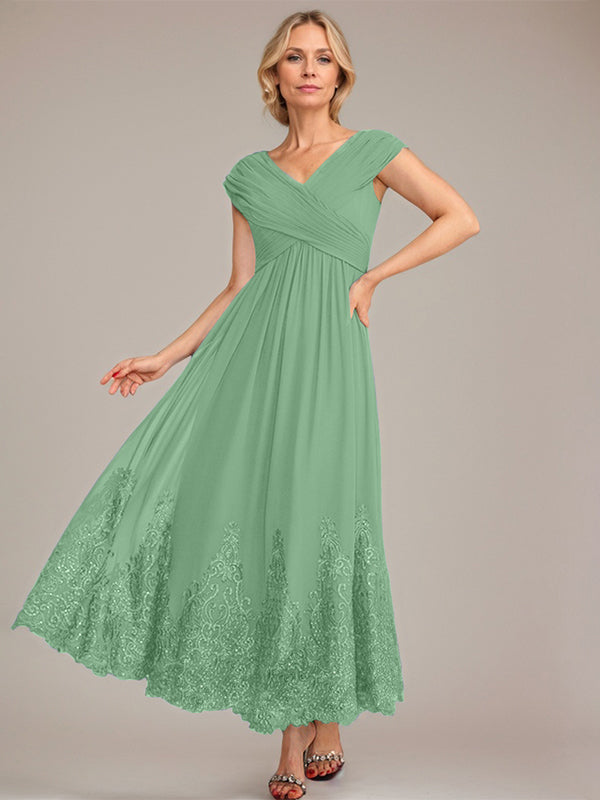 Vestido de gasa de corte evasé, escote en V, largo hasta el tobillo, para la madre de la novia, con apliques de lentejuelas. 