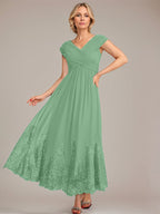 Vestido de gasa de corte evasé, escote en V, largo hasta el tobillo, para la madre de la novia, con apliques de lentejuelas. 