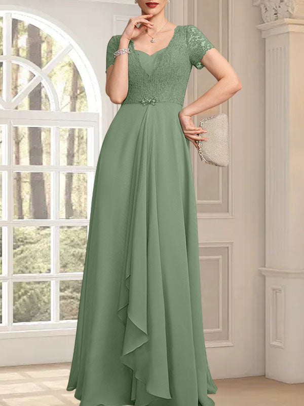 Vestido de corte A, escote corazón, largo hasta el suelo, de gasa, encaje, con cuentas y volantes en cascada para la madre de la novia.