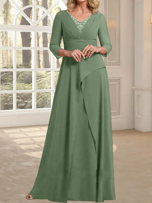 Vestido de gasa de corte A, escote en V, largo hasta el suelo, para la madre de la novia, con plisados ​​y cuentas.