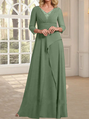 A-line V-Neck Floor-Length Chiffon Mother of the Bride Dress With Pleated Beading