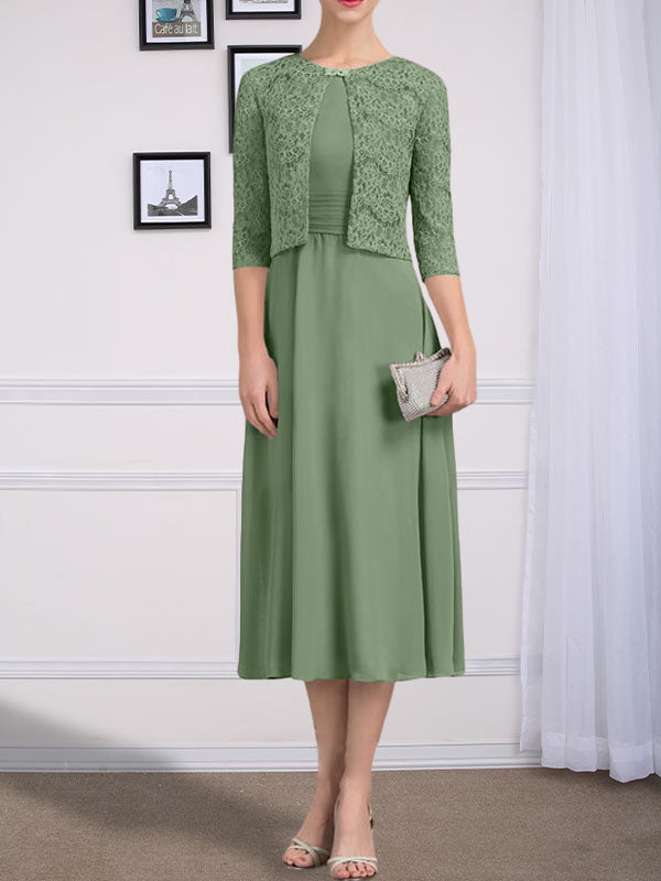 Vestido de chifón de corte línea A, largo té, para la madre de la novia, con escote redondo y pliegues.