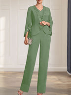 Combinaison/Tailleur-pantalon deux pièces, robe longue en mousseline à col V pour la mère de la mariée