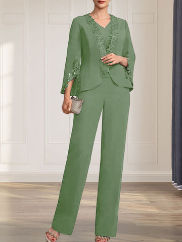 Separates Jumpsuit/Pantsuit V-Neck Floor-Length Chiffon Mother of the Bride Dress