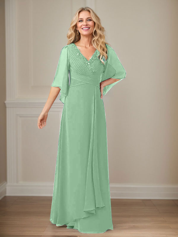 Robe de mère longue en mousseline à sequins, coupe trapèze et col en V