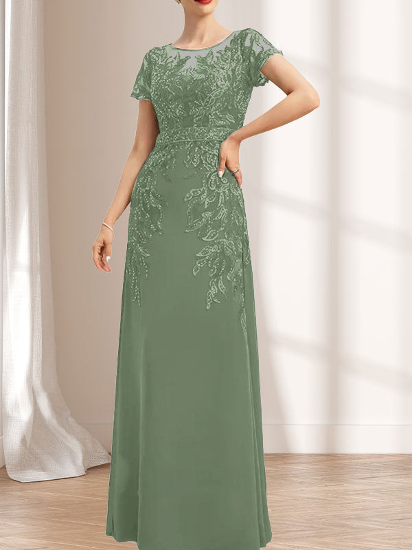 Vestido de novia de corte recto/columna, escote redondo, ilusión, largo hasta el suelo, de encaje y gasa con lentejuelas.
