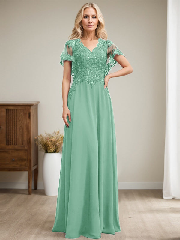 Vestido de novia de corte A, escote en V, largo hasta el suelo, de gasa de encaje con lentejuelas para la madre de la novia 