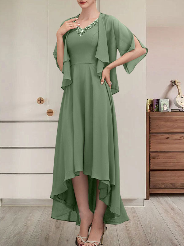 Vestido de corte A, escote en V, asimétrico, de gasa, para la madre de la novia, con lentejuelas y pedrería.