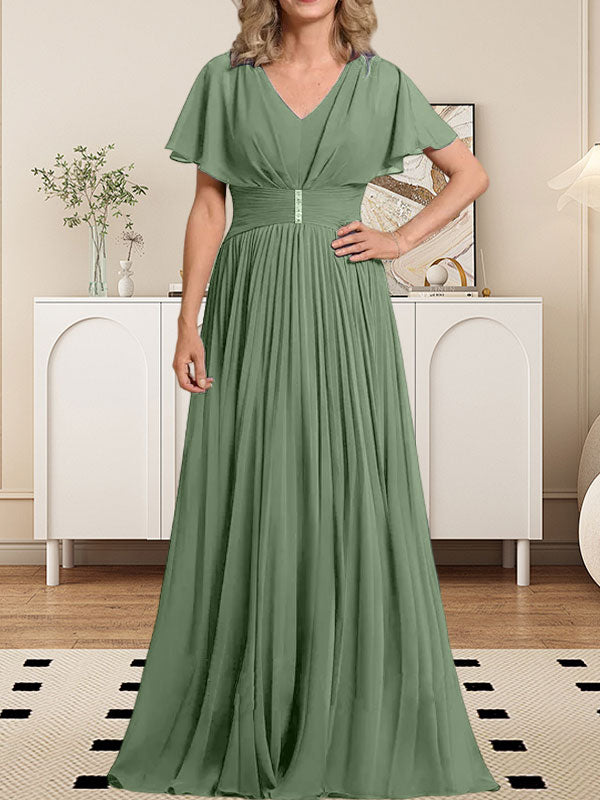 Vestido de gasa de corte A, escote en V, largo hasta el suelo, para la madre de la novia, con broche de cristal y pliegues. 