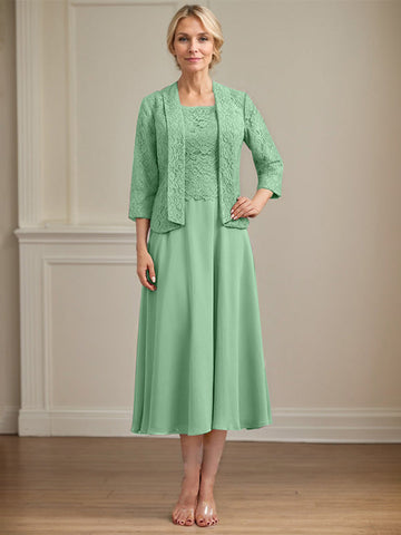 A-line Scoop Tea-Length Lace Chiffon Mother of the Bride Dress
