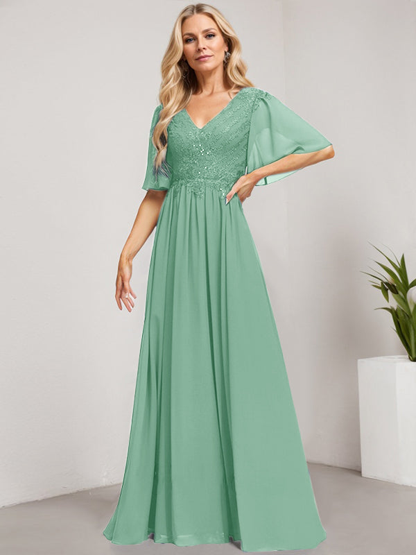 Vestido de novia de corte A, escote en V, largo hasta el suelo, de gasa de encaje con lentejuelas para la madre de la novia 