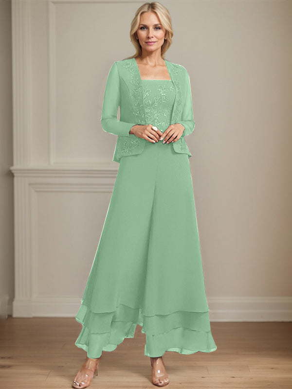Conjunto de pantalón y chaqueta de dos piezas, corte cuadrado, largo hasta el tobillo, encaje, gasa, vestido de madre de la novia con lentejuelas 