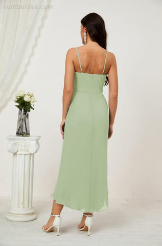 Vestido de dama de honor de gasa con escote en V y abertura media, vestido formal de fiesta, vestido de bienvenida 2803 